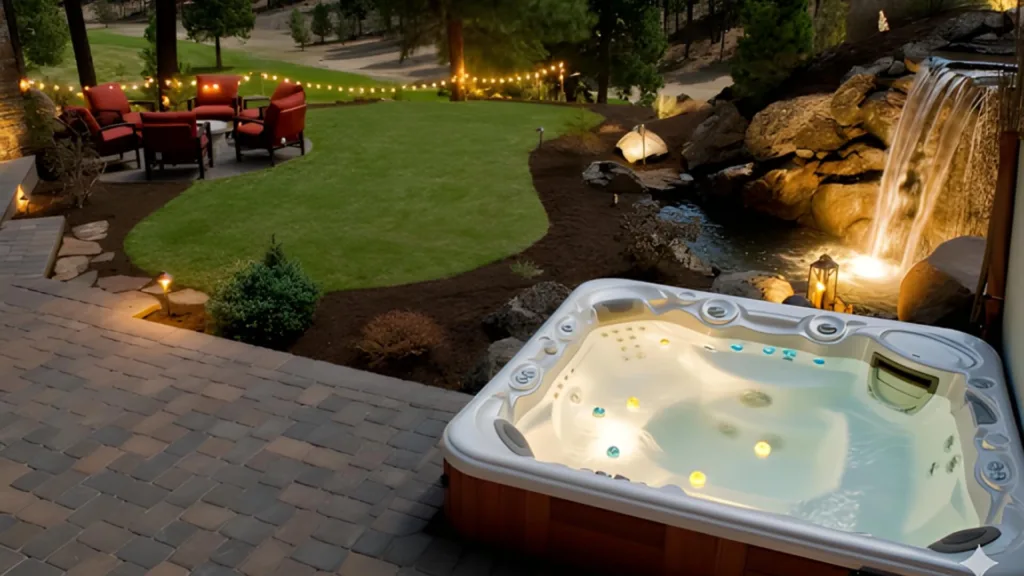 backyard with lights and swim spa with floatong circular lights